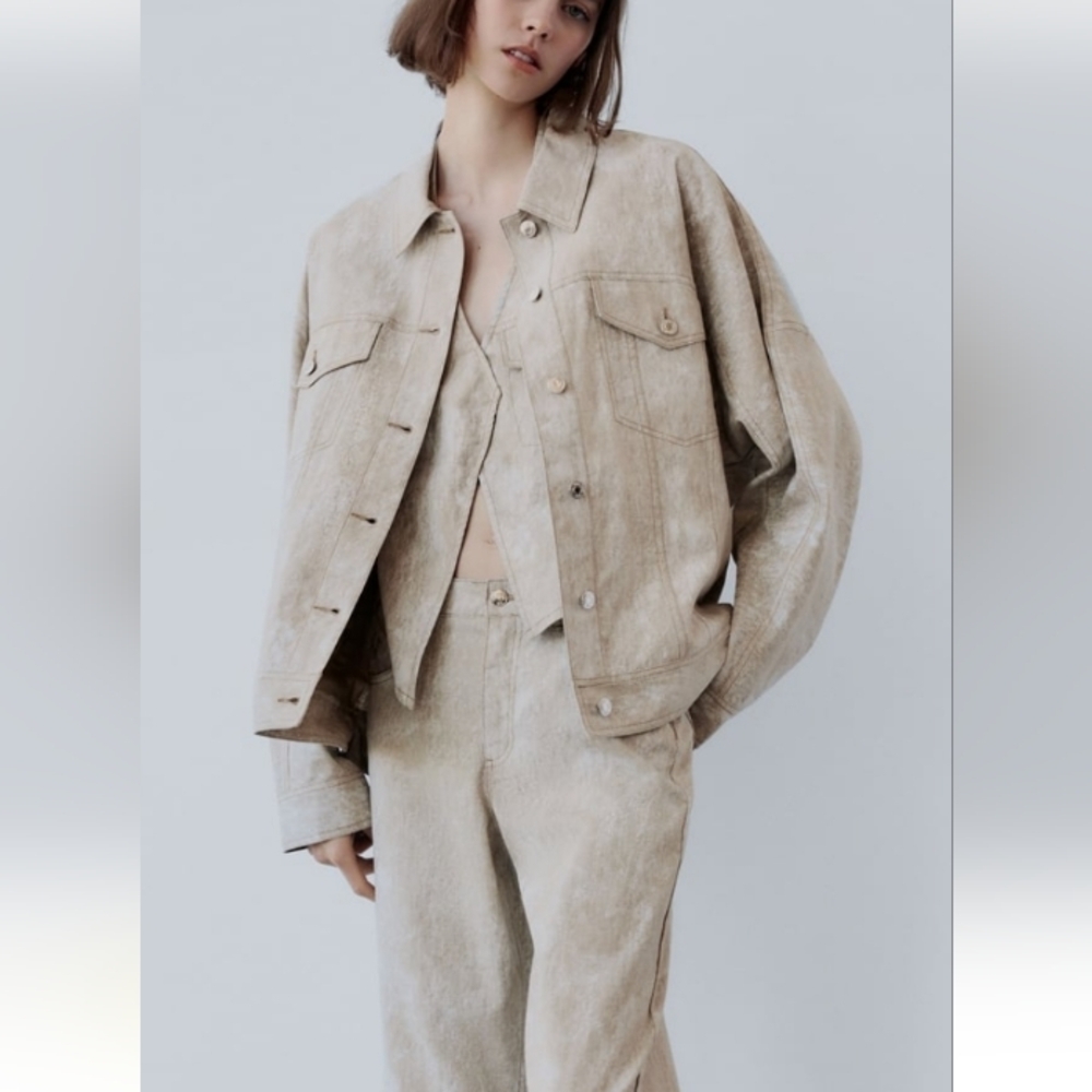 Zara Printed Oversized Linen Blend Jacket